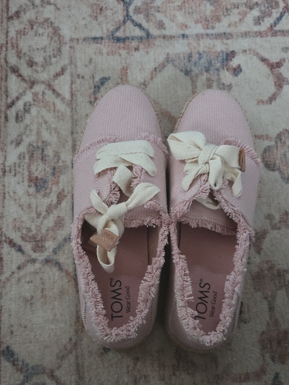 TOMS Blush Pink Frayed Canvas Flats with Cream Laces
